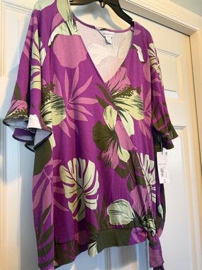 Liz Claiborne Tropical Print V-Neck Blouse with Green Accents Size XXL NWT